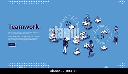 Teamwork isometric landing page. Business people team assembling separated puzzle pieces. Cooperation, partnership, creative collaboration of coworking colleagues concept 3d vector line art web banner Stock Vector