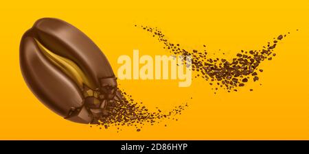 Explosion of coffee bean and ground arabica grains. Vector realistic illustration of shredded roasted coffee, burst of arabica bean and splash of brown powder on yellow background Stock Vector