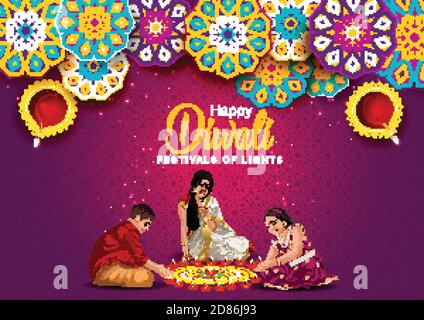 Happy Diwali celebration background. Top view of banner design decorated with illuminated oil lamps on patterned family background. vector illustratio Stock Vector