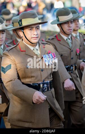 Sandhurst, United Kingdom, 11th November 2018:- British Soldiers from the Gurkhas march to Sandhurst War Memorial on the 100th Anniversary of the Armi Stock Photo