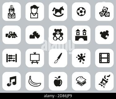 Kindergarten Or Day Care Icons Black & White Flat Design Set Big Stock Vector