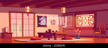 Asian restaurant, Chinese or Japanese cafe empty interior in traditional style with table served for tea ceremony, sakura flowers, low desk with pillows on floor, cafeteria cartoon vector illustration Stock Vector