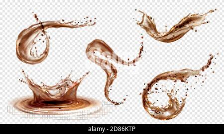 Splashes of coffee, tea or cola isolated on transparent background. Vector realistic set of liquid waves of falling and flowing brown water, whiskey or beer with drops and swirls Stock Vector