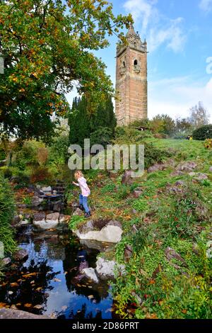 Cabot tower and water feature in Brandon Hill Park, Bristol, UK Stock Photo