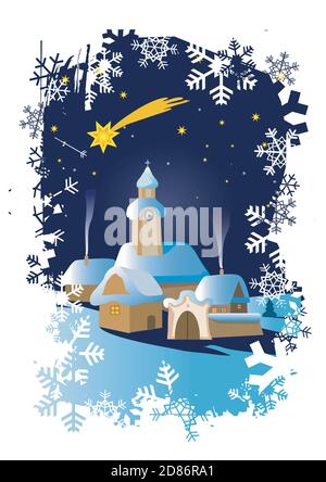Christmas winter landscape on grunge snowflakes background.  Illustration of a night landscape with a church and the star of Bethlehem. Stock Vector