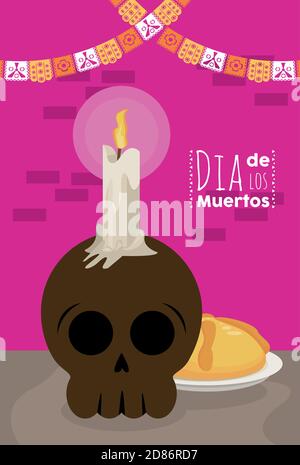 dia de los muertos poster with skull chandelier and garlands vector illustration design Stock Vector