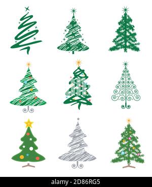 Christmas trees. Set of nine stylized christmas trees.Vector available. Stock Vector