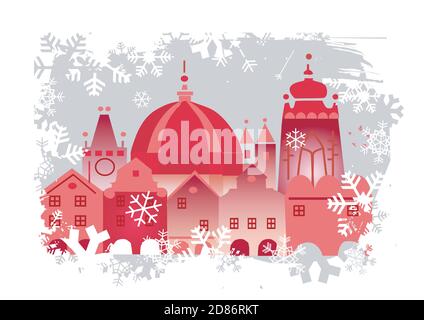 Christmas town on grunge snowflakes background. Illustration of historical buildings from Prague and snowflakes. Vector available. Stock Vector