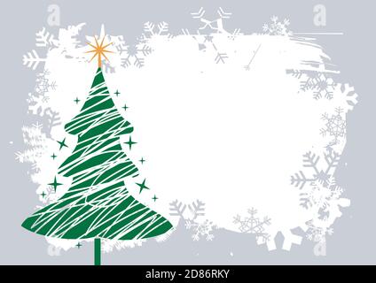 Snowflakes grunge background with christmas tree. Illustration of grey winter background for greeting card.Vector available. Stock Vector