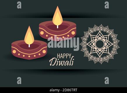 happy diwali celebration with two candles wooden and mandala vector illustration design Stock Vector