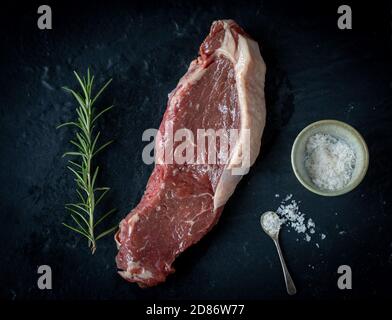 Raw meat on slate with rosemary and salt Stock Photo