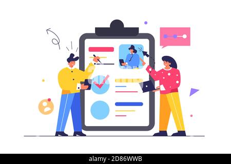 A guy and a girl fill out documents on a large tablet folder Stock Vector