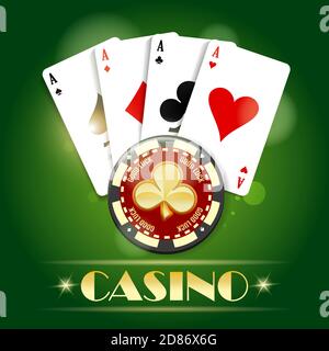 Golden chip with ace card casino emblem concept. Poker club emblem on green background. Vector illustration. Stock Vector