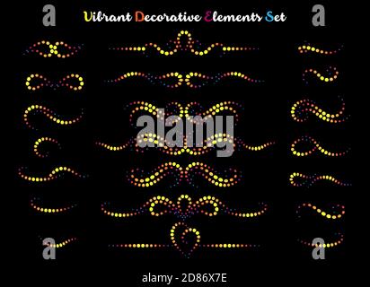 Set of colorful vibrant decorative elements isolated on black background. Vector illustration. Stock Vector