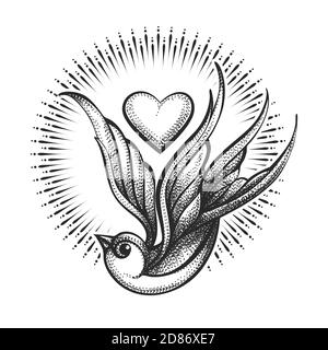 Love Theme Tattoo of Swallow and Heart isolated on white background. Vector illustration. Stock Vector