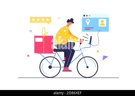 Courier guy delivers goods on a bicycle Stock Vector