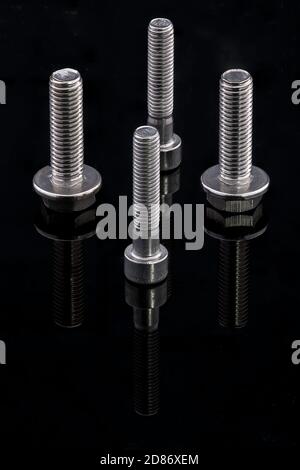 A photo of four stainless steel screws standing on end,, two hexagonal and two allen cap screws. They are reflected on the shiny surface Stock Photo