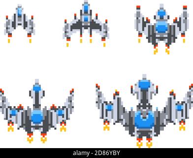 Set of level up of cute little spaceships, vintage game hero in pixel art style on white Stock Vector