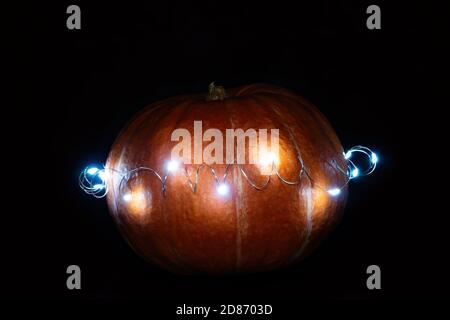 Orange pumpkin wrapped in burning garland in dark. Thanksgiving Day and Halloween concept Stock Photo