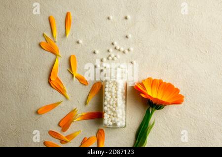 Flat lay view of transparent bottle jar lie over and round homeopathy pills globules scattered on rustic beige background, pot margold blossoms. Stock Photo