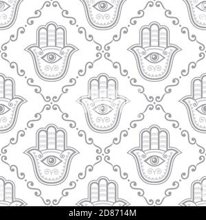 Hamsa hand seamless vector pattern, Khamsa or Hand of Fatima gray repetitive design, symbol of protection from devil eye background Stock Vector