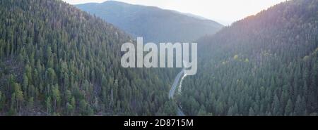Panorama of the forest and roads leading to the mountain Hoverla in the Ukrainian Carpathians Stock Photo