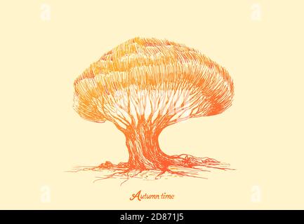 Autumn colorful stylized tree in fire orange yellow gradient color and inscription Autumn time . Stock Vector