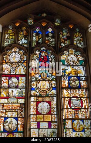 Stained glass in the East window of the church of St Andrew, Cranford St Andrew, Northamptonshire, UK; mostly 17th century with some medieval pieces. Stock Photo