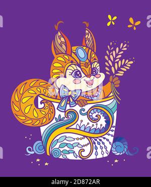 Cute kawaii squirrel in a cup. Adult antistress illustration with animal in tangle style isolated on purple background. Colorful vector illustration f Stock Vector