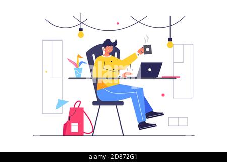 The guy sits at a laptop in a cafe Stock Vector