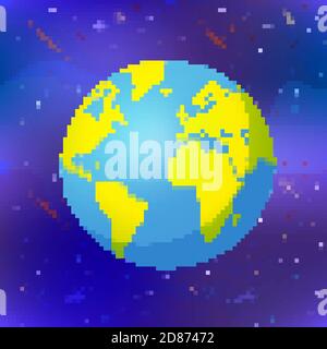 Bright earth planet in pixel art style, colorful globe on space background Stock Vector