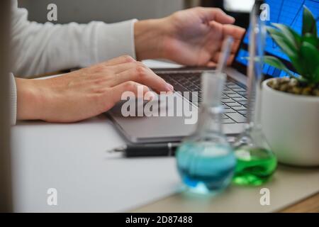 Female hands on laptop. Flasks with green and blue liquid near the plant. Research virus cure Stock Photo