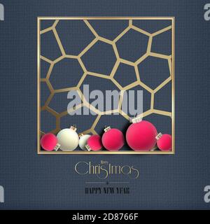 Abstract Christmas background with pink Xmas balls baubles, golden ornament on grey black background. 3D illustration. Text Merry Christmas Happy New Year Stock Photo