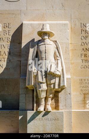 Front view of the stone statue to Roger Williams on the Reformation Wall in Geneva, Switzerland, a figure of Protestantism in New-England. Stock Photo