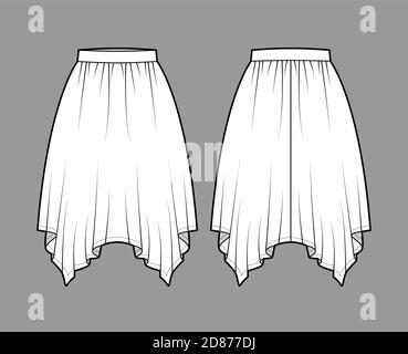 Skirt handkerchief technical fashion illustration with circular knee silhouette, pencil fullness, thin waistband. Flat bottom template front, back, white color style. Women, men, unisex CAD mockup Stock Vector