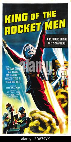 Old MOVIE POSTER King of the Rocket Men is a 1949 12-chapter black-and-white movie serial from Republic Pictures, produced by Franklin Adreon. Stock Photo