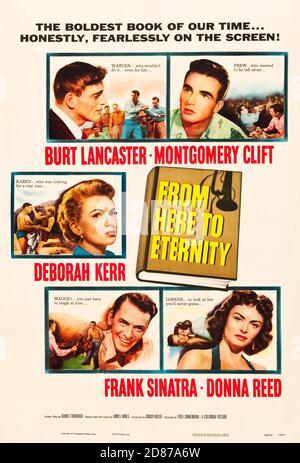 Vintage movie poster, From here to Eternity with Frank Sinatra, Burt Lancaster, Montgomery Clift and Deborah Kerr. 1953. Stock Photo