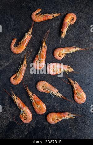 Boiled tiger prawns on black table. Tasty shrimps. Stock Photo