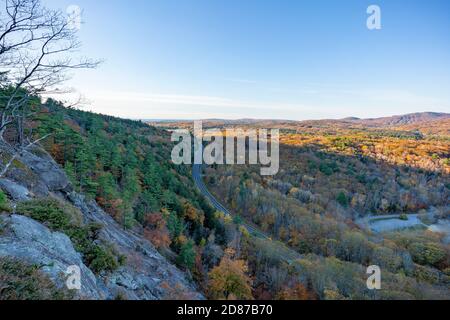 Camden Maine early morning in late October from the top of Barrett's Cove Cliff facing Bald Mountain and Ragged Mountain. Stock Photo