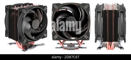 CPU fan, heatsink front and side views. 3D rendering  isolated on white background Stock Photo