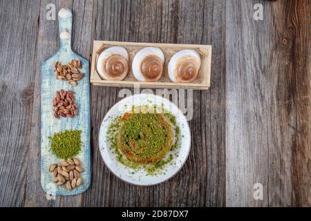 Katmer dessert traditional turkish dessert. Turkish name; Gul Katmeri. Stock Photo