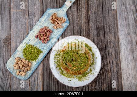 Katmer dessert traditional turkish dessert. Turkish name; Gul Katmeri. Stock Photo