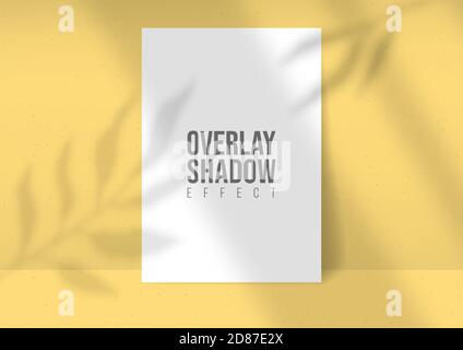 Shadow Overlay Plant Vector Mockup A4 Paper sheets. Shadows overlay leaf and window light effects on yellow background. Modern minimalist style. For p Stock Vector