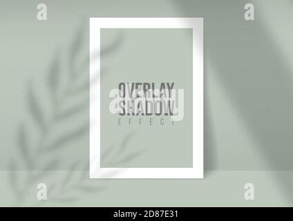 Shadow Overlay Plant Vector Mockup A4 Paper sheets. Shadows overlay leaf and window light effects on green background. Modern minimalist style. For pr Stock Vector