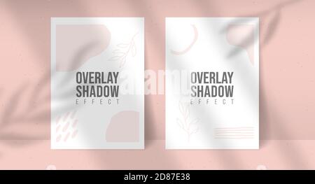 Shadow Overlay Plant Vector Mockup two A4 Paper sheets. Shadows overlay leaf and window light effects. Modern minimalist style. For presentation Flyer Stock Vector