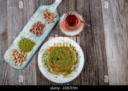 Katmer dessert traditional turkish dessert. Turkish name; Gul Katmeri. Stock Photo