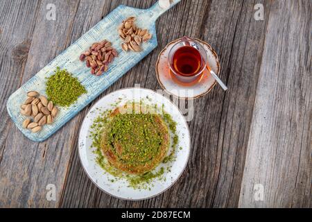 Katmer dessert traditional turkish dessert. Turkish name; Gul Katmeri. Stock Photo