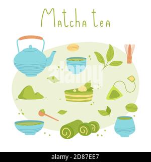 Set of various tea products made from matcha Stock Vector