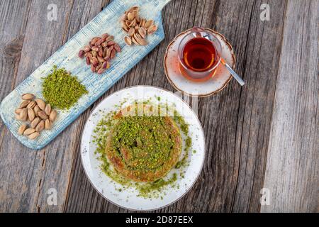 Katmer dessert traditional turkish dessert. Turkish name; Gul Katmeri. Stock Photo