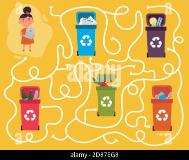 Recycling maze for kids with a solution Stock Vector